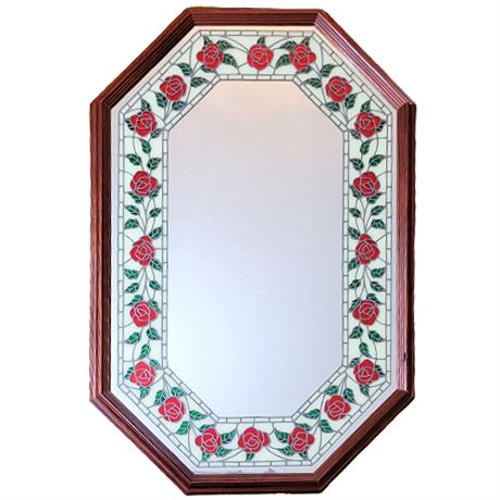 1980s Octagonal Faux Stained Glass Rose Border Mirror