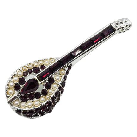 Vintage Dark Red Rhinestone & Faux Pearl Mandolin Brooch
