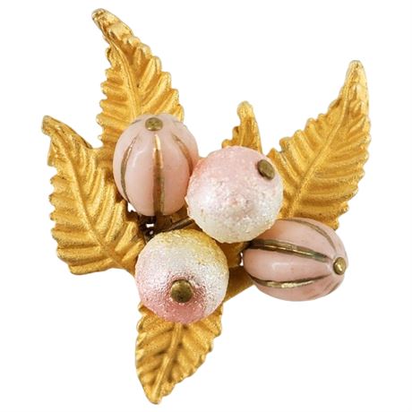 Vintage Matte Gold Tone Pink Bead Brooch
