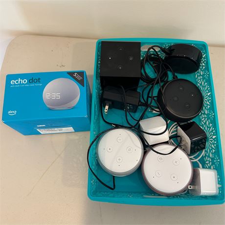 Box Lot of Assorted Amazon Speakers and NIB Echo Dot