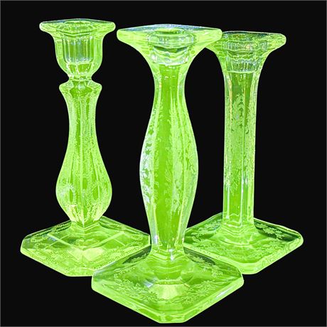 Three Vintage Fostoria UV Reactive Etched Glass Candlesticks