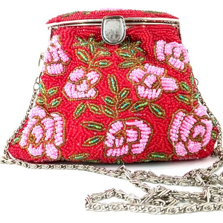 Red Beaded Floral Evening Bag with Chain Strap