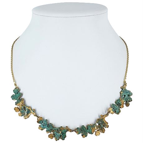 Artisan Made Gold Tone Verdigris Oak Leaves Necklace