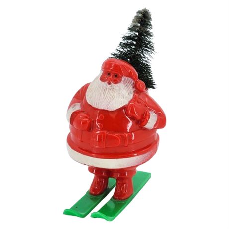 Vintage Rosbro E. Rosen Hard Plastic Santa Claus on Skis w/ Bottle Brush Tree