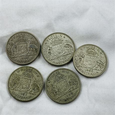 5 Australia 1 Florin Silver Coins