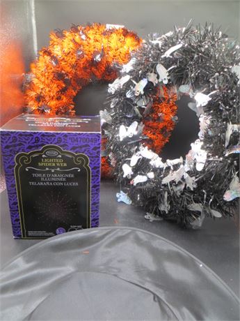 2 Halloween Wreaths, Lighted Spider Web NIB & Witch's Hat