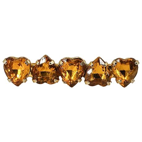 Vintage Yellow Rhinestone Hearts Bar Brooch