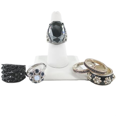 Mixed Ring Lot of 6 – Black Carved Band, Blue Stone Floral Ring, Enamel Flower