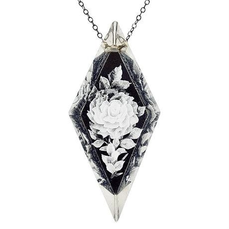 Vintage Reverse Carved Lucite Black & White Rose Pendant Necklace
