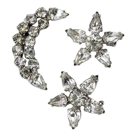 Vintage Prong Set Rhinestone Moon & Stars Scatter Brooches