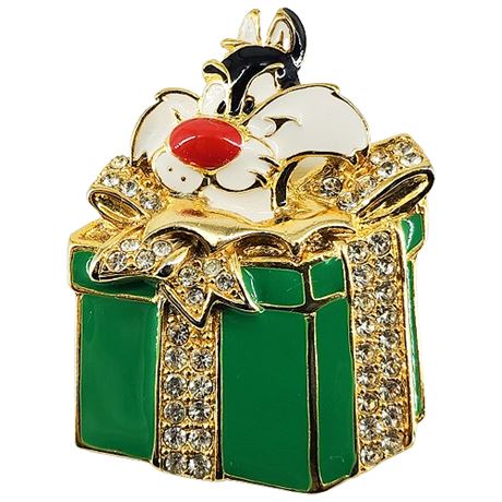 Signed Vintage WARNER BROS. Sylvester Cat Rhinestone Christmas Brooch
