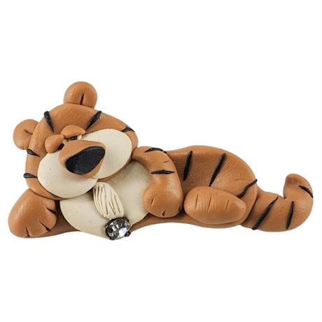 Vintage JK Polymer Clay Reclining Tiger Brooch