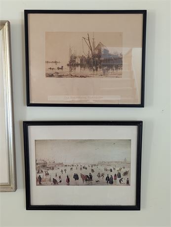 Lot 2 Vtg Pictures Old Boathouse Gloucester & Dutch Print "A scene on the ice"