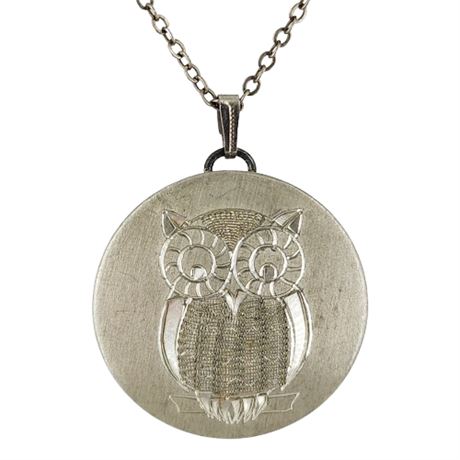 Hallmarked Vintage Pewter Wide Owl Pendant Necklace