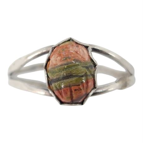 Vintage Sterling Silver Unakite Scarab Ring, Sz 5.5