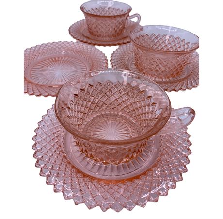 7 pcs Anchor Hocking Pink Depression Glass Miss America Tea Cups & Saucers