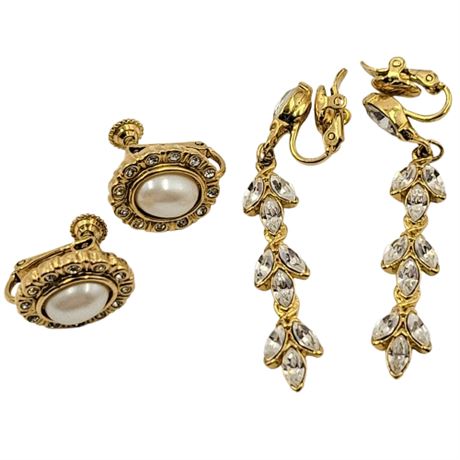 Pair Gold Tone Clip-On Earrings Including Trifari and Napier