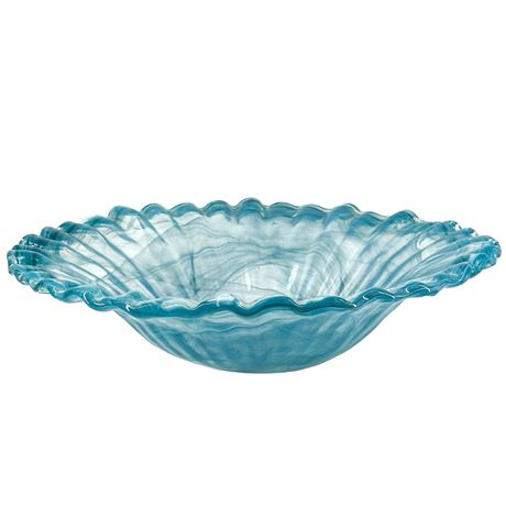Vintage Murano Turquoise Swirl Glass Bowl with Ruffled Edge