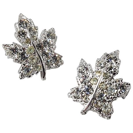 Pair Signed Vintage Keyes Rhinestone Maple Leaf Mini Brooches