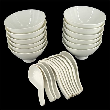 White Porcelain Japanese Rice Bowls & Spoons
