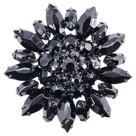 Vintage Prong Set Jet Black Rhinestone Navette Flower Brooch
