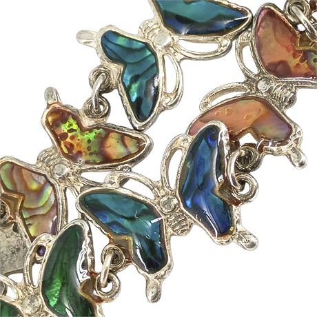 Vintage Butterfly Link Bracelet - Iridescent Enamel, Multicolor Abalone Style