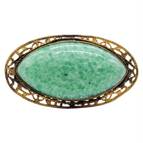 Antique Gold Tone Filigree Peking Glass Brooch