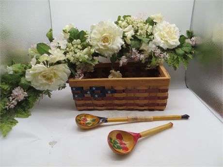 Americana Basket, Door Wreath & 2 Painted Wooden Spoons