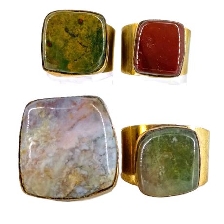 Jasper and Agate, Vintage Gold Tone Stone Inlay Cuff Rings, Lot of 4
