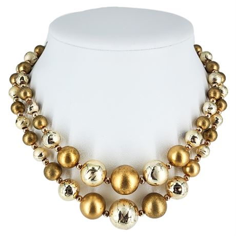 Vintage 2-Strand Textured Gold Tone Bead Choker Necklace