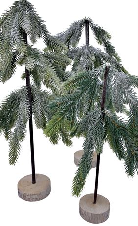 Trio of Snowy Wired Branch Pine Tree Holiday Decorations
