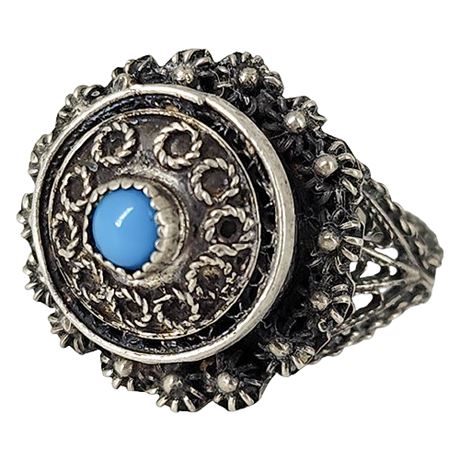 Vintage Sterling Silver Filigree Turquoise Poison Ring, Sz 7