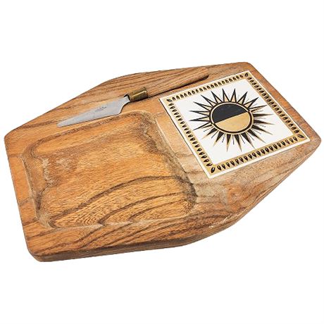 Mid-Century Georges Briard Wood & Ceramic Cheese Board w/ Knife
