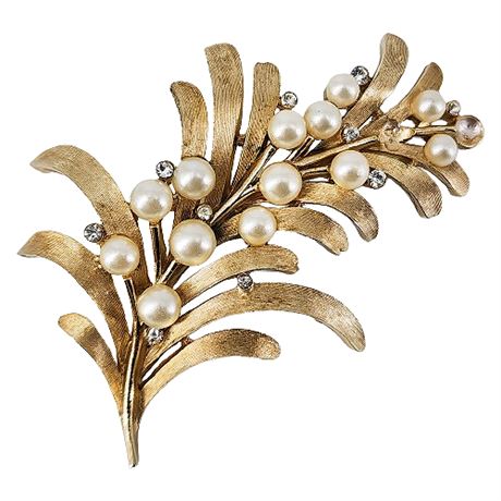 Signed Crown Trifari Faux Pearl Feather Brooch