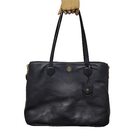 TORY BURCH "Robinson Side Zip" Black Pebble Leather Tote