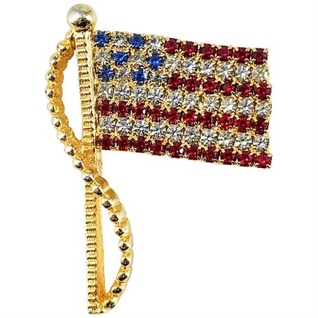 Signed Vintage RAFAELIAN Rhinestone American Flag Brooch