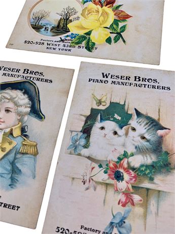 3 Antique Weser Bros. Piano Manufacturers Advertising Trade Cards