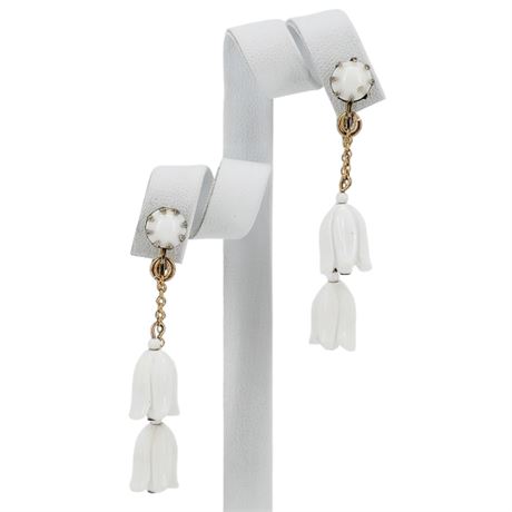 Vintage White Lucite Floral Drop Clip Earrings
