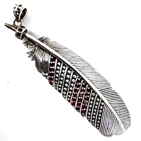 Sterling Silver 925 Feather Pendant with Red Stones
