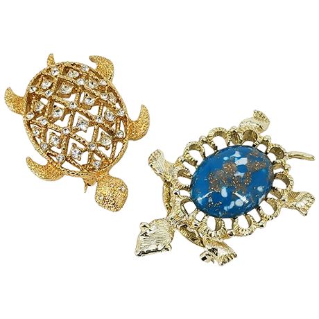 Pair Signed Vintage Turtle Brooches