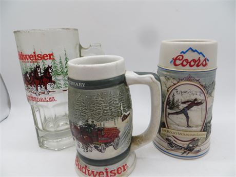 2 Budweiser & 1 Coors Beer Mugs