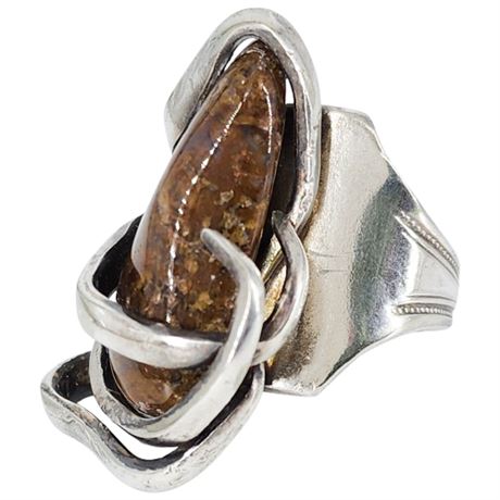 Artisan Made Silver Plate Fork Stone Ring, Sz 5.5