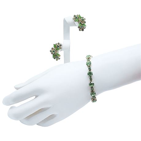 Signed Weiss NY Green Rhinestone Bracelet & Earrings Set