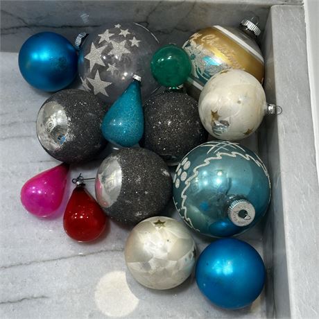 Vintage Blue, Silver & Tear Drop Glass Christmas Bulbs