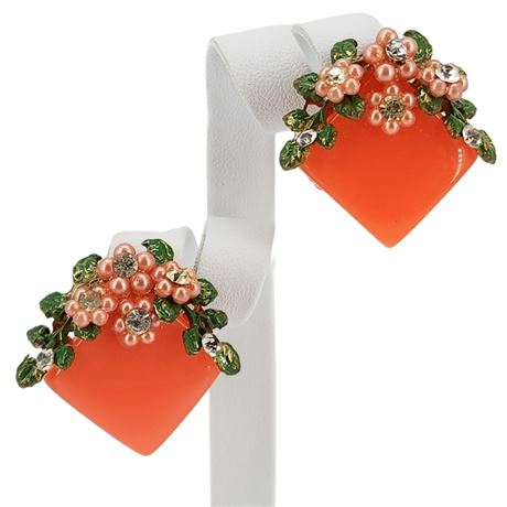 Vintage Coral Moonglow Lucite  & Rhinestone Floral Clip Earrings