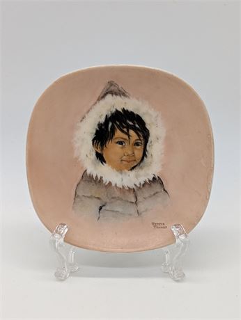 Handpainted Inuit Child Portrait Pottery Trinket Dish Signed Geneva Thomas