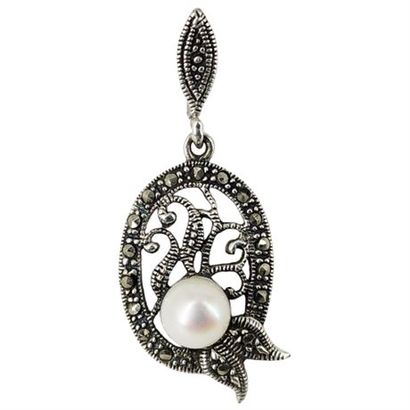 Sterling Silver, Genuine Pearl, & Marcasite Pendant