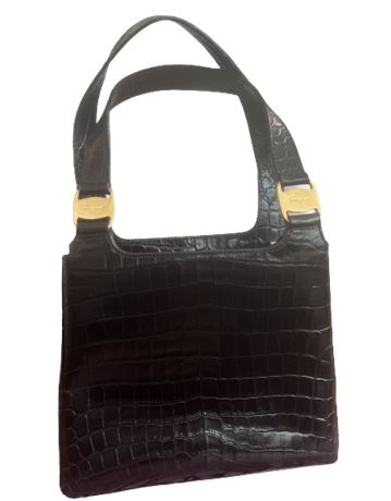 Vntg 97 FERRAGAMO Croc Embossed Black Leather Handbag Handles Gold Tone Accents