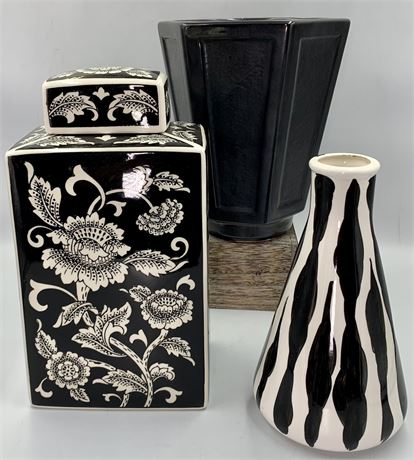 Lot of 3 Vintage Black & White Porcelain, Ceramic, Vases & Lidded Jar