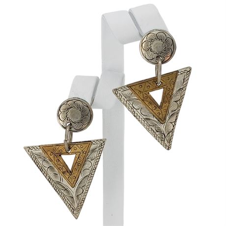 Vtg Engraved Two-Tone Dangle Clip Earrings